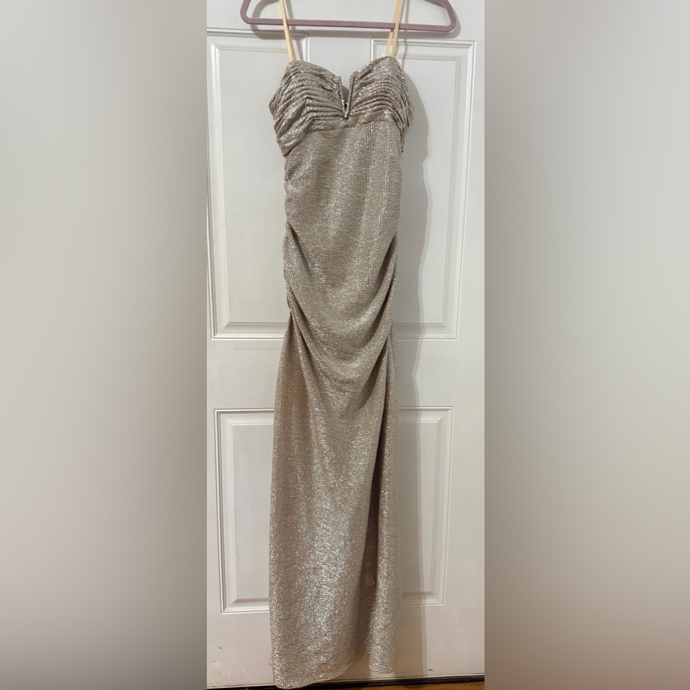 Hailey by Adrianna‎ Papell Gold Shimmer Ruched Evening Dress